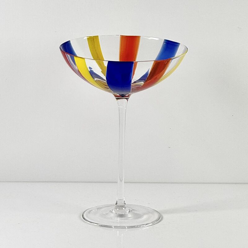 جودة Hand Blown Art Glass Goblet & Coupe Glass Set, Vibrant Red Yellow Blue Vertical Cane Stripes Murano Style Stemmed Wine & Martini Glasses for Bar, Party & Gift مصنع