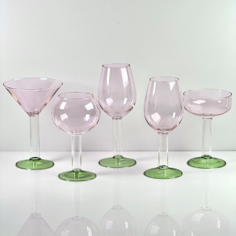 جودة Hand Blown Borosilicate Stemmed Wine & Cocktail Glass Set, Pink Bowl with Green Hollow Stem Base, Colored Spray Tinted Art Goblets for Bar, Wedding & Table Decor مصنع