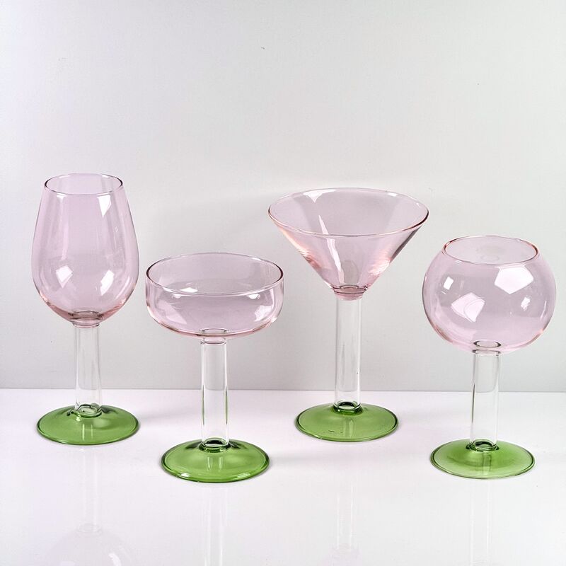 جودة Hand Blown Borosilicate Stemmed Wine & Cocktail Glass Set, Pink Bowl with Green Hollow Stem Base, Colored Spray Tinted Art Goblets for Bar, Wedding & Table Decor مصنع