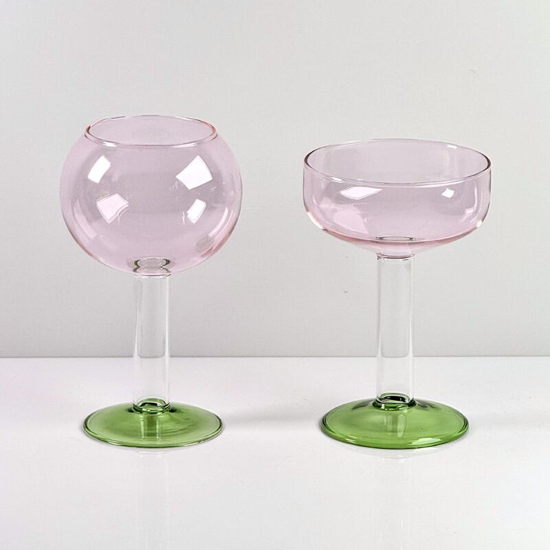 جودة Hand Blown Borosilicate Stemmed Wine & Cocktail Glass Set, Pink Bowl with Green Hollow Stem Base, Colored Spray Tinted Art Goblets for Bar, Wedding & Table Decor مصنع
