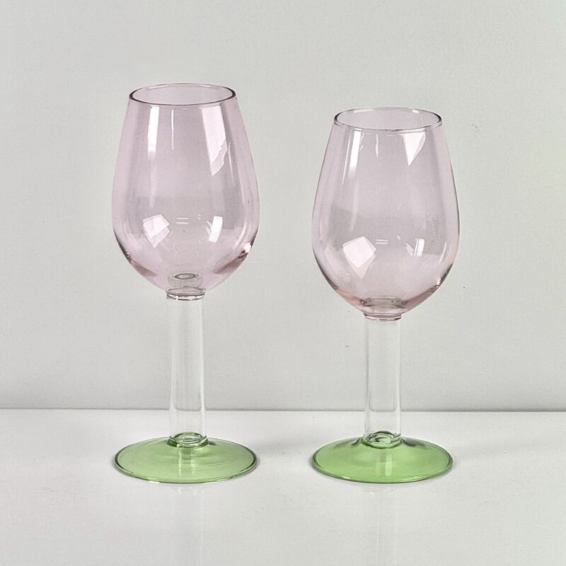 جودة Hand Blown Borosilicate Stemmed Wine & Cocktail Glass Set, Pink Bowl with Green Hollow Stem Base, Colored Spray Tinted Art Goblets for Bar, Wedding & Table Decor مصنع