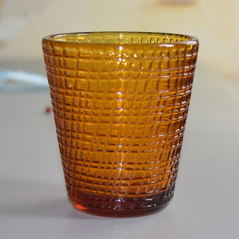 جودة Embossed Linen Pattern Solid Amber Glass Tea Light Holders مصنع