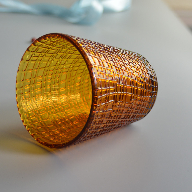 جودة Embossed Linen Pattern Solid Amber Glass Tea Light Holders مصنع
