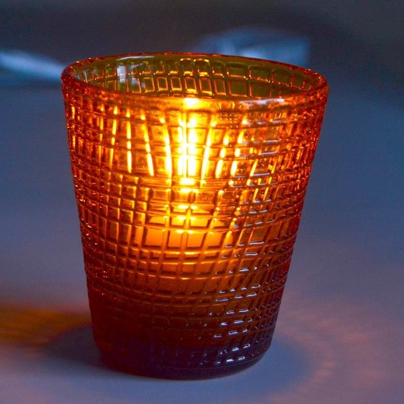 جودة Embossed Linen Pattern Solid Amber Glass Tea Light Holders مصنع