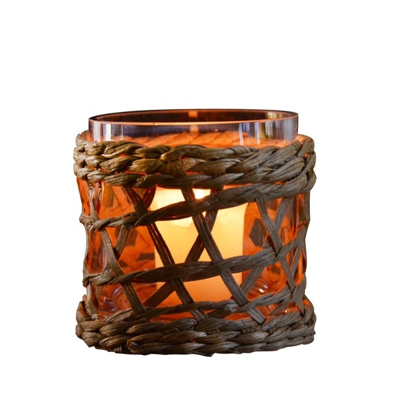 جودة Round Creative Glass Candle Holders With Wicker Sleeve مصنع