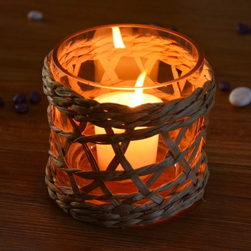 جودة Round Creative Glass Candle Holders With Wicker Sleeve مصنع