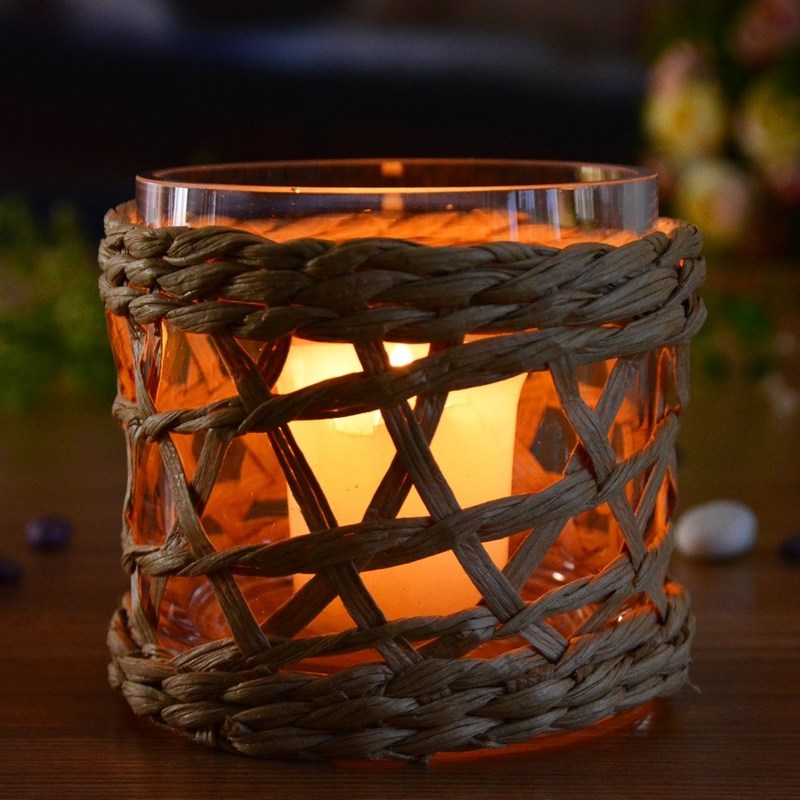 جودة Round Creative Glass Candle Holders With Wicker Sleeve مصنع