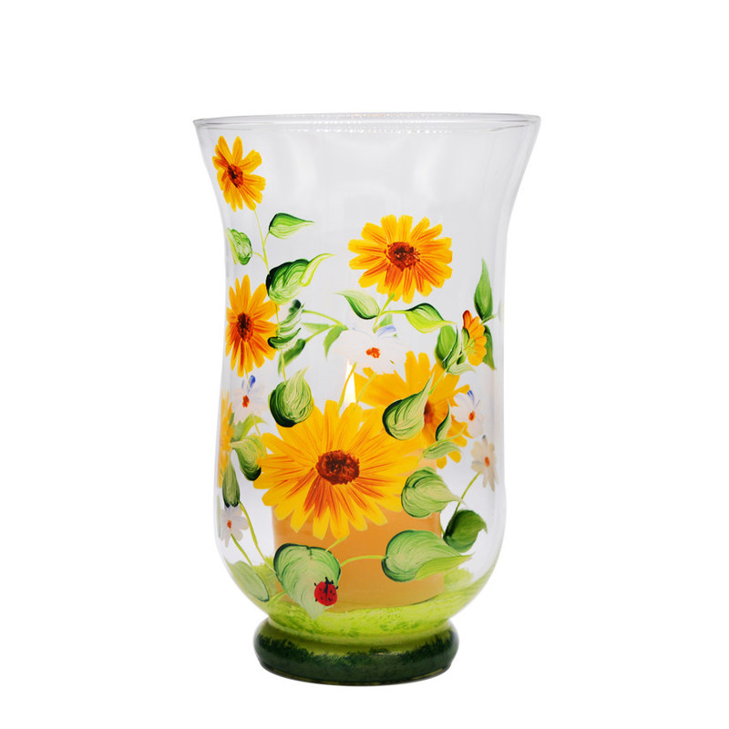 جودة Hand Painted Sunflower Pattern Glass Candle Holders For Home مصنع
