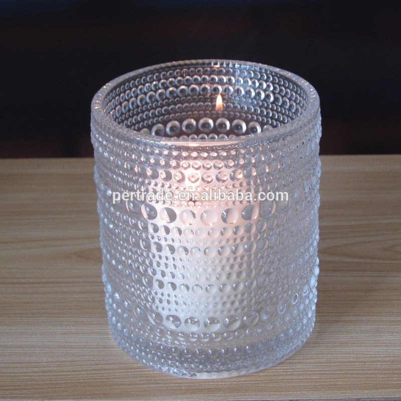 جودة Customized Embossed Beads Strings Glass Votive Candle Holders ,  Glass Cylinder Candle Holders مصنع