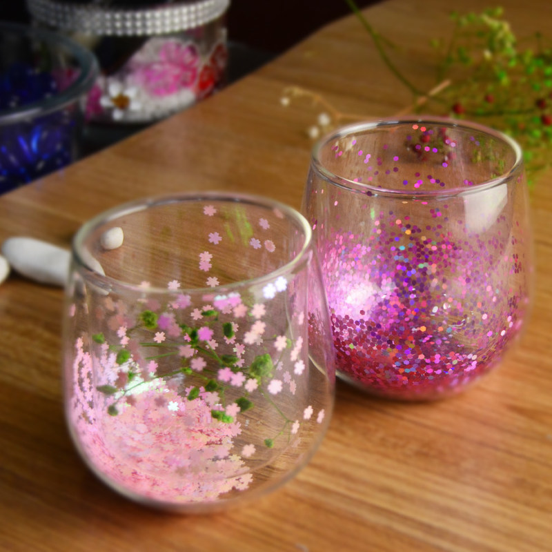 جودة Customized Double Wall Glass Coffee Cup Decorative Glitter Tumbler Drinking Glasses مصنع