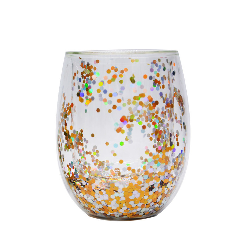 جودة 13oz Customized Borosilicate Double Wall Tumbler Drinking Glasses With Colorful Glitter Inside مصنع