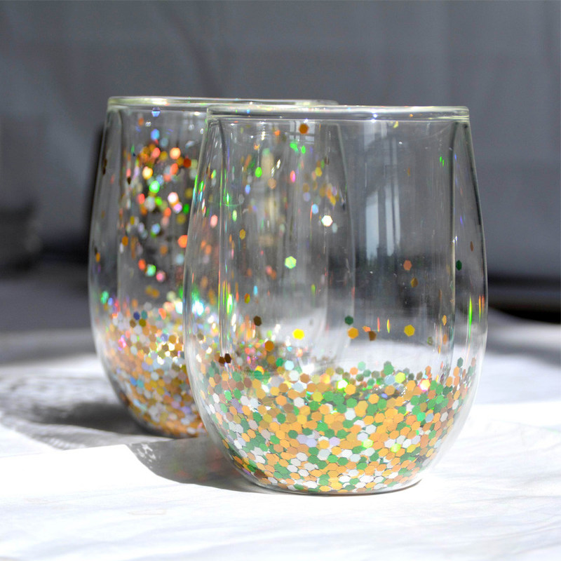 جودة 13oz Customized Borosilicate Double Wall Tumbler Drinking Glasses With Colorful Glitter Inside مصنع
