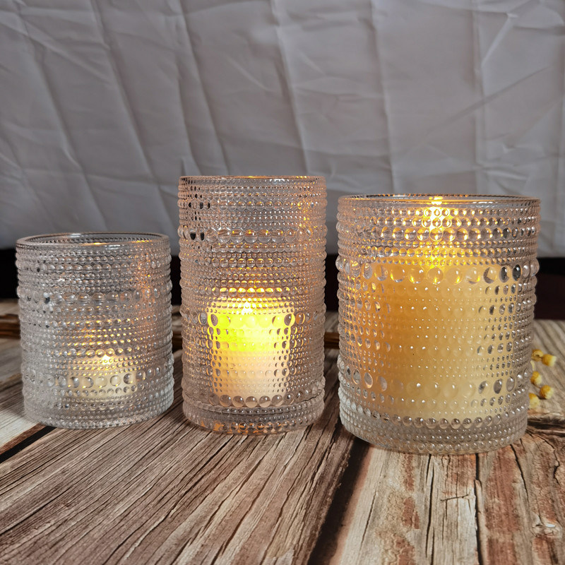 جودة Customized Embossed Beads Strings Glass Votive Candle Holders ,  Glass Cylinder Candle Holders مصنع