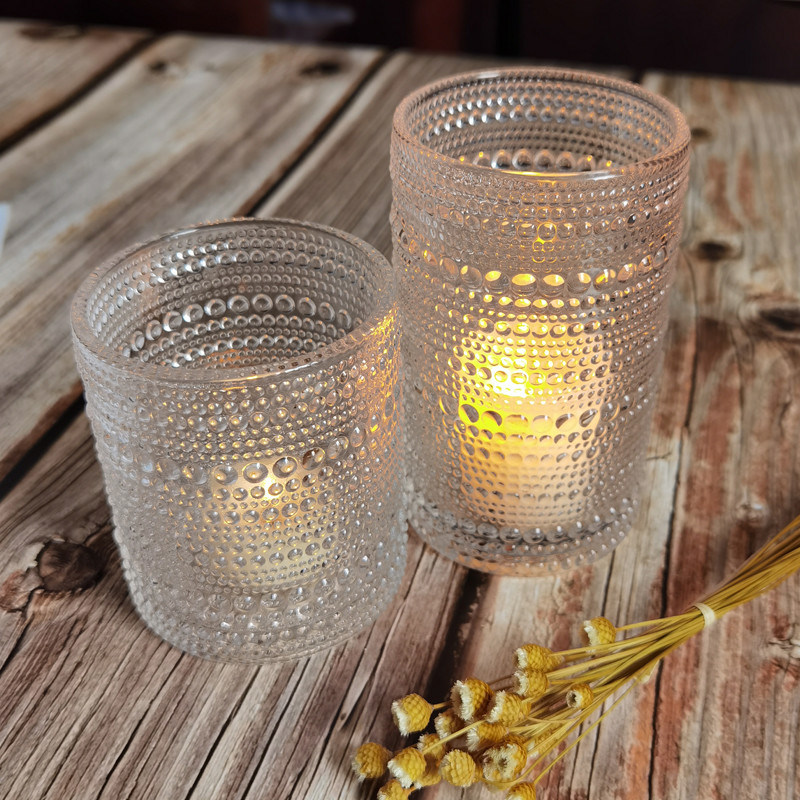 جودة Customized Embossed Beads Strings Glass Votive Candle Holders ,  Glass Cylinder Candle Holders مصنع