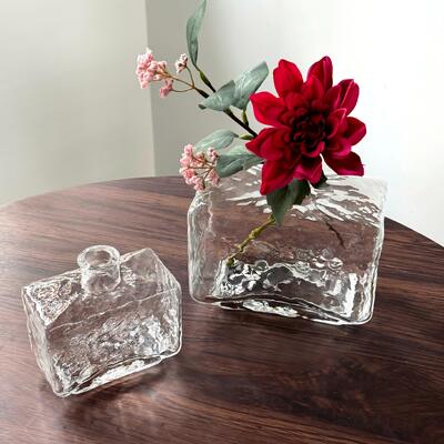 جودة Rectangular Clear Hammered Glass Vase - Modern Minimalist Decorative Flower Vase for Table Centerpiece مصنع