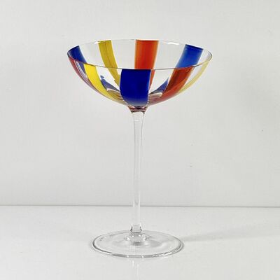جودة Hand Blown Art Glass Goblet & Coupe Glass Set, Vibrant Red Yellow Blue Vertical Cane Stripes Murano Style Stemmed Wine & Martini Glasses for Bar, Party & Gift مصنع