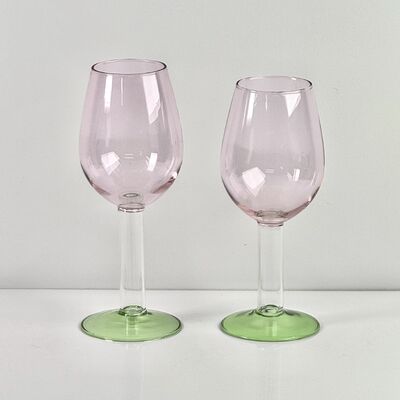 جودة Hand Blown Borosilicate Stemmed Wine & Cocktail Glass Set, Pink Bowl with Green Hollow Stem Base, Colored Spray Tinted Art Goblets for Bar, Wedding & Table Decor مصنع