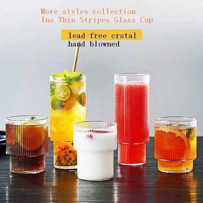 جودة Thin Wall 7cm Diameter Tumbler Drinking Glasses With Optical Stripes مصنع