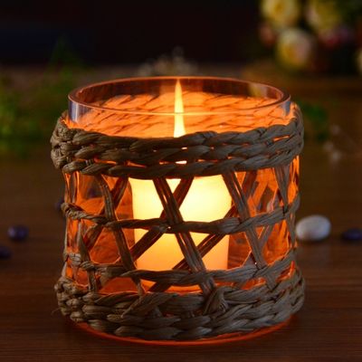 جودة Round Creative Glass Candle Holders With Wicker Sleeve مصنع