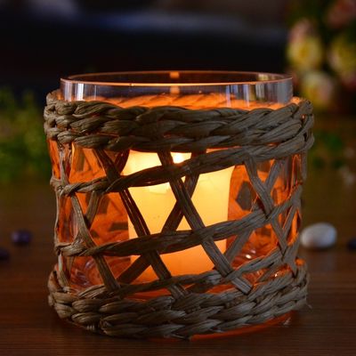 جودة Round Creative Glass Candle Holders With Wicker Sleeve مصنع