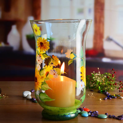جودة Hand Painted Sunflower Pattern Glass Candle Holders For Home مصنع