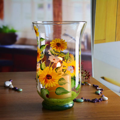 جودة Hand Painted Sunflower Pattern Glass Candle Holders For Home مصنع