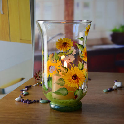 جودة Hand Painted Sunflower Pattern Glass Candle Holders For Home مصنع