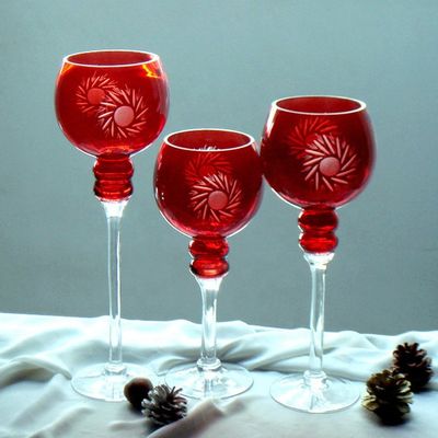 جودة Hand Cutted Design Red Glass Candle Holders With Color Long Stem مصنع