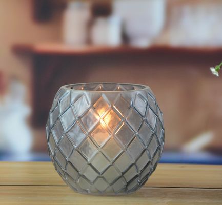 جودة 8" Grey Embossed Fence Pattern Glass Candle Holders مصنع