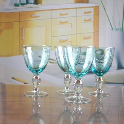 جودة Vintage Scandinavian Style Engraved Turqoise Crystal Wine Glass , Clear Goblet Glasses مصنع