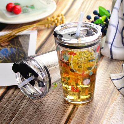 جودة Decorated Pint Ice Tea Glass Cup With Lid And Silicate Straw Cocktail Tumbler Drinking Glasses مصنع