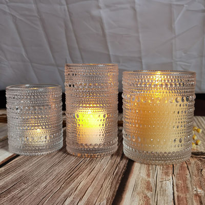 جودة Customized Embossed Beads Strings Glass Votive Candle Holders ,  Glass Cylinder Candle Holders مصنع